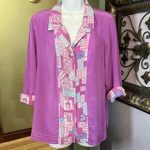 VTG Bob Mackie Lilac & patchwork print trimmed Blouse Sz L- works of art
